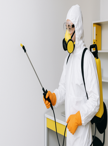 agent specialist echipat corespunzator pulverizeaza o incapere domiciliara in vederea dezinfectiei