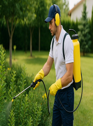 barbat echipat corespunzator aplica insecticide in vederea dezinsectiei